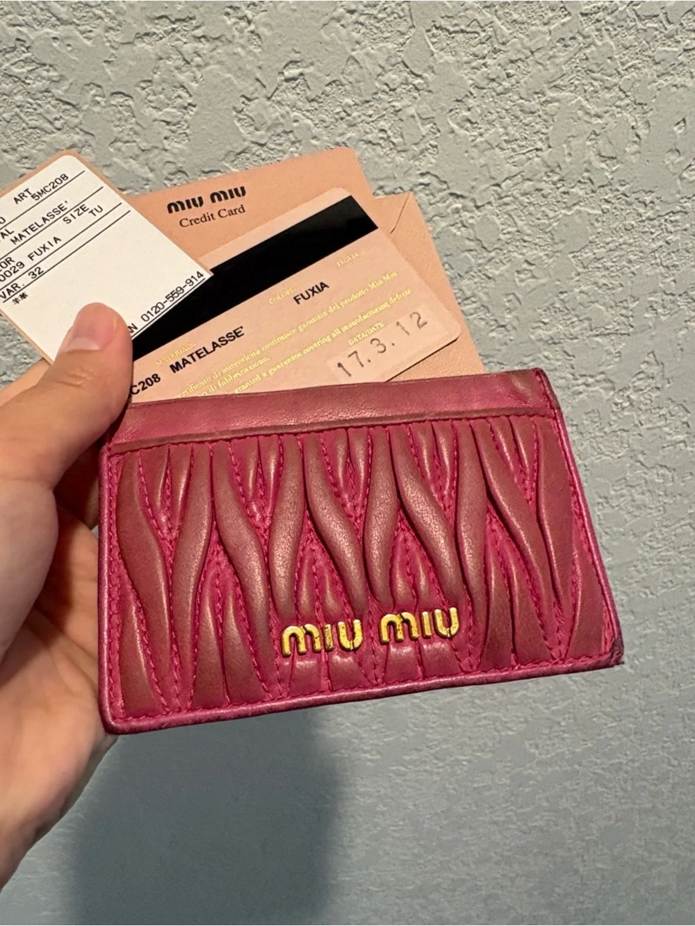 Miu Miu Fuchsia Matelassé Leather Card Holder with Gold Logo